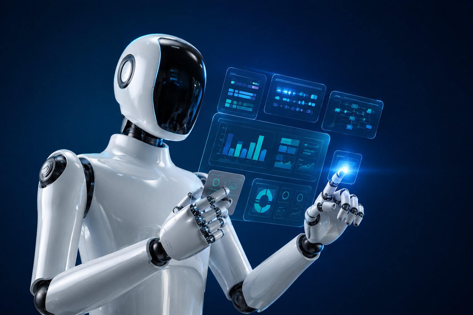 Weißer humanoider Roboter bedient transparente digitale Bedienfelder