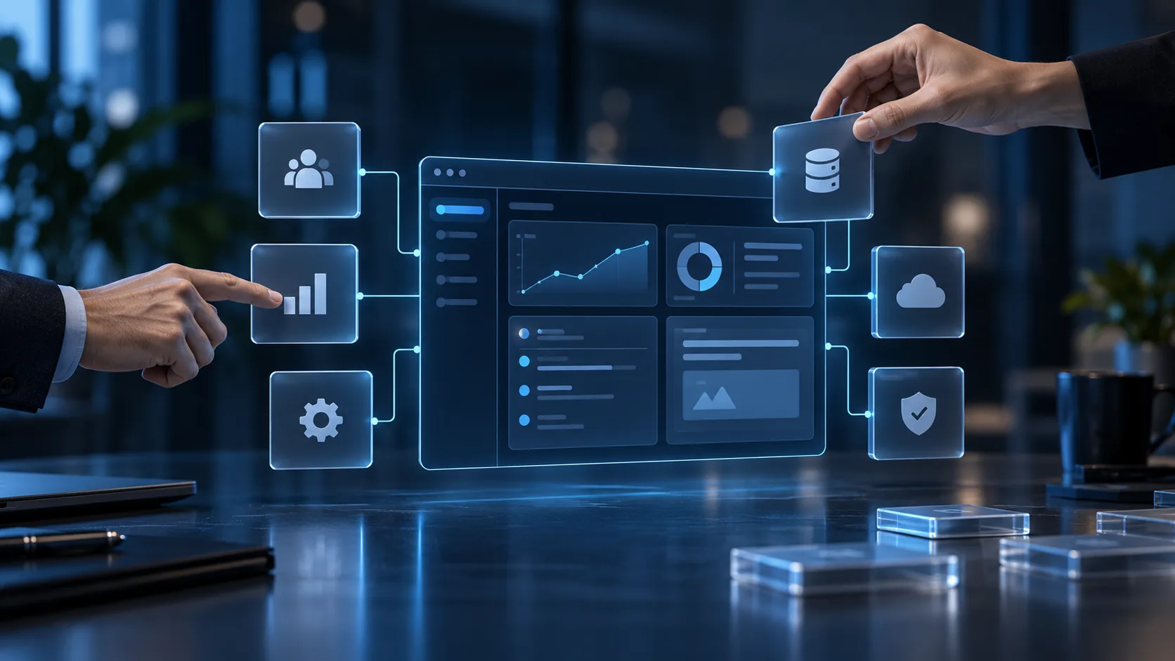 Zwei Personen gestalten gemeinsam eine individuelle Softwareoberfläche mit vernetzten Modulen